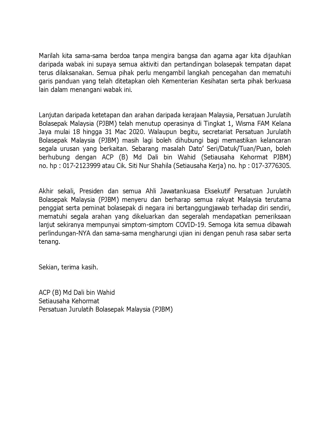 PERINGATAN MESRA PERSATUAN JURULATIH BOLASEPAK MALAYSIA MENGENAI COVID-19